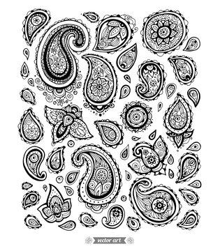 Hand drawn paisley ornament elements. Set collection. Vectot detailing artwork. Bohemian ethnic concept for textile design, wedding invitation card, branding, logo label, emblem. Black and white