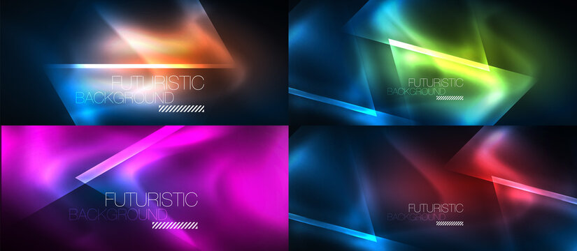 Set of glowing neon triangles designs, geometric abstract backgrounds. Vector illustrations for covers, banners, flyers and posters and other