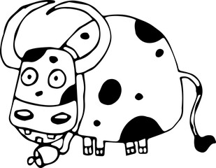 Vector illustration of a cow, bull with large sharp horns and a bell on its neck in the Doodle style. Concept of wildlife, agriculture, zodiac signs, New year, Chinese New year. Can be used for books