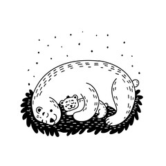 The she-bear and the bear cub are sleeping. Mom and baby bear are hugging. Black and white vector illustration