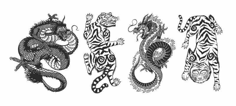 Japanese dragon. Asian Japanese tiger. Mythological animal or traditional reptile. Symbol for tattoo or label. Engraved hand drawn line art Vintage old monochrome sketch, ink. Vector illustration.