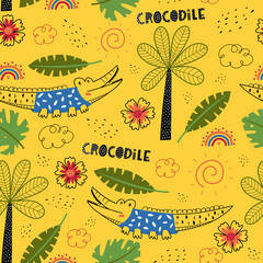 Seamless pattern with crocodile. Animals of Africa, elements of flora and fauna. Fairy Tale kid textile, wrapping paper, background. Kids animal characters. 
