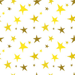 Golden cute hand drawn stars. Abstract vector seamless pattern with yellow starry.