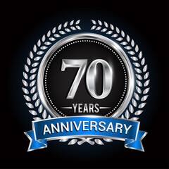 Birthday celebration logo 70th years with wreath, laurel, blue ribbon and silver ring.