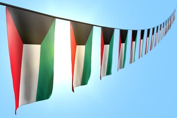 beautiful many Kuwait flags or banners hanging diagonal on rope on blue sky background with selective focus - any occasion flag 3d illustration..