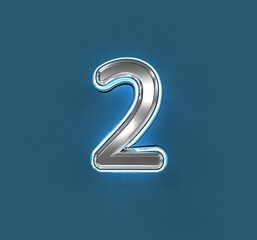 Steel metalline font with white outline and blue backlight - number 2 isolated on blue background, 3D illustration of symbols