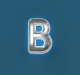 Steel brassy font with white outline and blue noisy backlight - letter B isolated on blue, 3D illustration of symbols