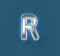 Steel metalline alphabet with white outline and blue noisy backlight - letter R isolated on blue, 3D illustration of symbols