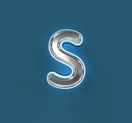 Steel metallic alphabet with white outline and blue backlight - letter S isolated on blue background, 3D illustration of symbols
