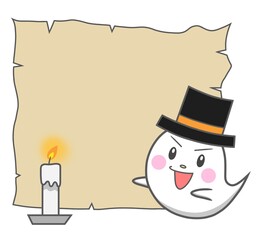 A faded paper with a cute ghost and a candle