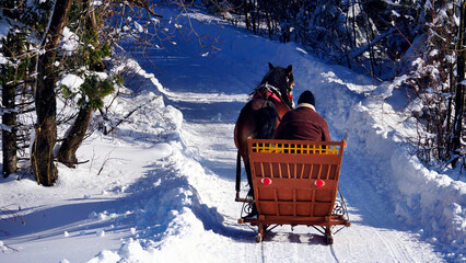 Zimowy mroźny pejzaż górski z oszronionymi drzewami
Woźnica, koń, sanie, w czasie zimowej przejażdżki w zimowym słonecznym dniu