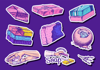 Bubble Bath soap sticker. Washing hands in vintage style. Homemade packaging. Foam production process. Organic cosmetic, natural lather. Drawn a monochrome engraved sketch for spa label or banner.