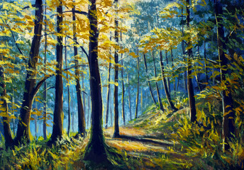Fototapeta na wymiar Oil painting forest with autumn trees, footpath and sun light through leaves. Acrylic painting synny forest landscape