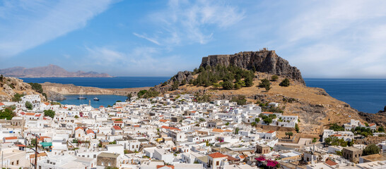 Rhodes, Greece-panoramic view of Lindos, town, fortress and Acropolis.