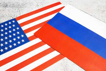 Usa flag and Russia flag, closeup, concept, top view
