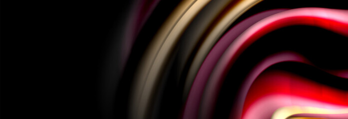 Dynamic motion abstract background. Color blurred stripes on black. Wave liquid lines poster. Vector illustration