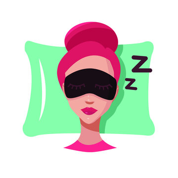 recommend clip art: Vector illustration of a sleeping girl. Sleeping on a pillow. Sleep mask. Flat design sticker.