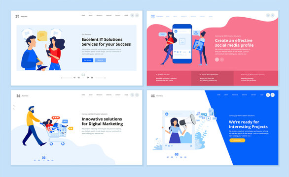 Web page design templates collection of social media, internet marketing, online communication and advertising, content manag. Vector illustration concepts for website and mobile website development. 