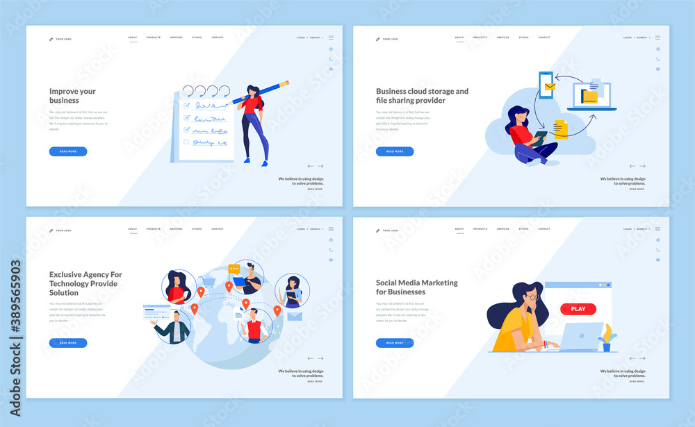 Wall mural web page design templates collection of cloud computing, networking, digital marketing. vector illus