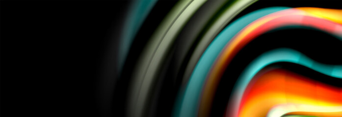 Dynamic motion abstract background. Color blurred stripes on black. Wave liquid lines poster. Vector illustration
