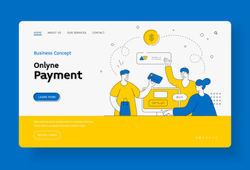 Obraz na płótnie Canvas Online payment app concept home page template. Character buy goods from online store pay with web credit card.