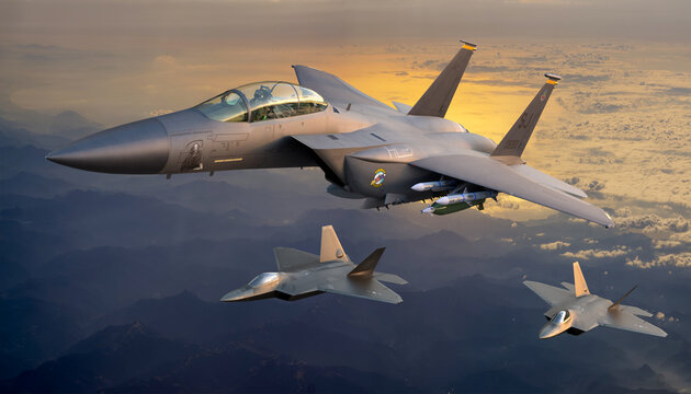 F-15E Eagle Strike Fighter assisted by the fifth generation F-22