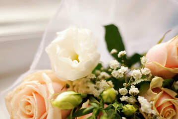 Beautiful pink flowers are collected in a bouquet, close-up