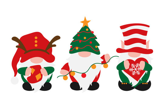 Christmas Gnomes in holiday hats, scandinavian gnome with decoration in hands - sock, garland, snoflake, male nordic gnomes, vector Christmas decoration, traditional tomte, elf or dwarf for greetings