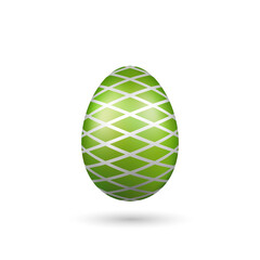 Easter egg 3D icon. Green color egg, isolated white background. Bright realistic design, decoration for Happy Easter celebration. Holiday element. Shiny pattern. Spring symbol. Vector illustration