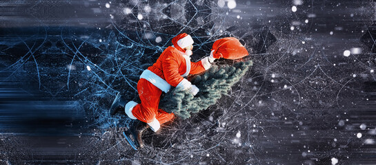 Santa Claus on ice skates goes to Christmas. Santa Claus hurries to meet the New Year with gifts...