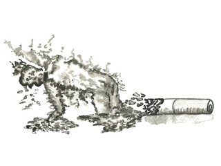 Man crawls from dangerous cigarette and becomes ash. Ink drawn conceptual illustration. Isolated on white background.