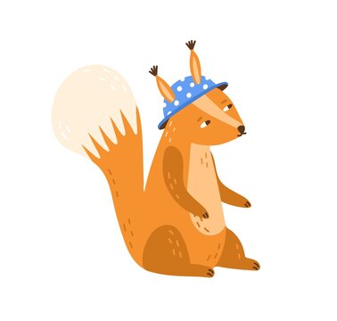 Childish character, funny squirrel in blue hat. Cute scandinavian forest animal cub wearing clothes. Flat vector cartoon illustration isolated on white background