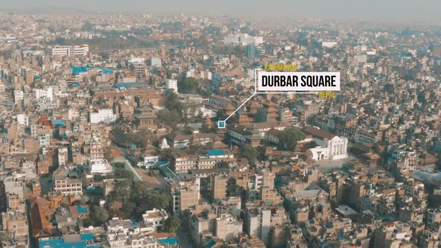 Aerial View of Kathmandu Durbar Square in Nepal with Tracked Call Out Animation