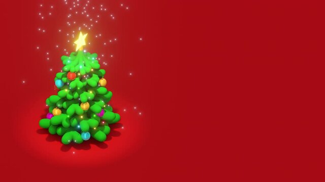 3D Christmas tree with balls and lights rotating on red background. Looped render animation template.