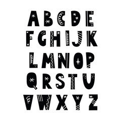 Alphabet in scandinavian style with christmas elements, snowflake, star, line. Christmas holiday font. Black color letter.