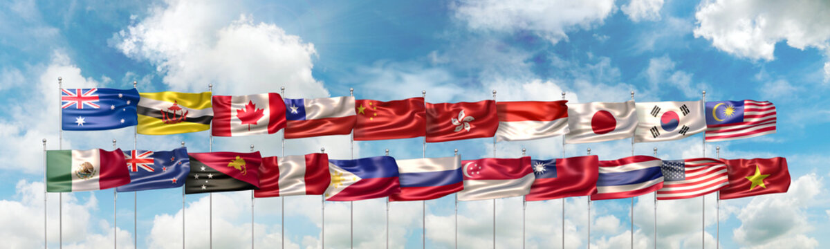 3D Illustration with national flags of the 21 countries which are members of The Asia Pacific Economic Cooperation (APEC) organization