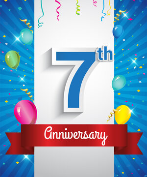 Celebrating 7th Anniversary logo, with confetti and balloons, red ribbon, Colorful Vector design template elements for your invitation card, flyer, banner and poster.