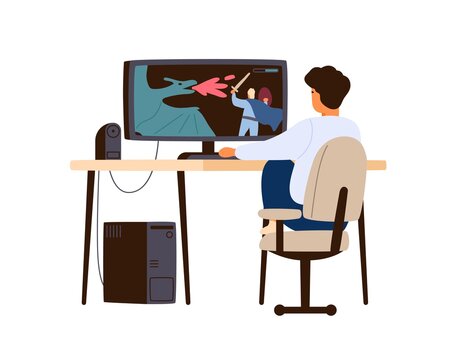 Boy Playing Computer Game At Home. Child Player Sitting At Desk And Enjoy Gaming Online. Teenager Hobby And Leisure Activity. Flat Vector Cartoon Isolated Illustration