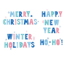 Set of lettering quote in scandinavian style with christmas elements, snowflake, star, line. Christmas holiday text. Color letter.