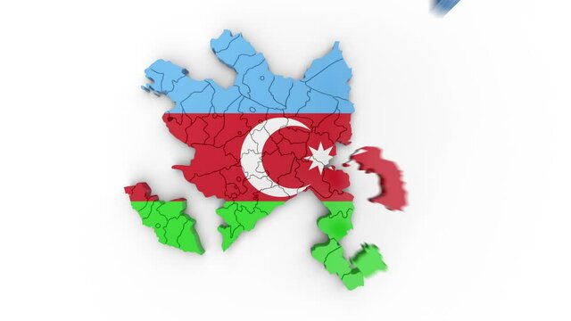 Map of Azerbaijan with flag, top view. Formed by individual regions falling from top to bottom on a white background. Alpha Animation