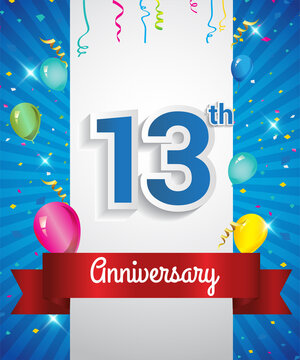 Celebrating 13th Anniversary logo, with confetti and balloons, red ribbon, Colorful Vector design template elements for your invitation card, flyer, banner and poster.
