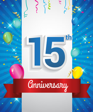 Celebrating 15th Anniversary logo, with confetti and balloons, red ribbon, Colorful Vector design template elements for your invitation card, flyer, banner and poster.