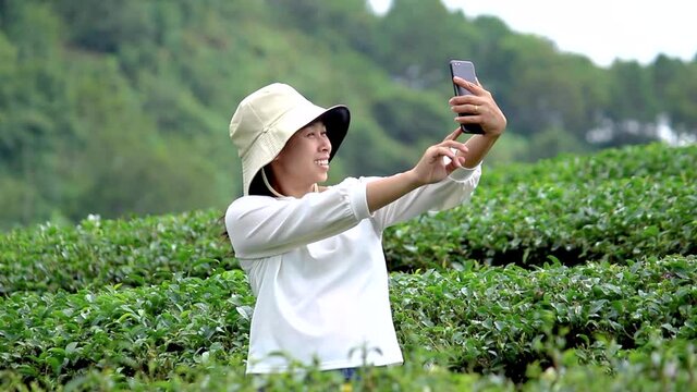 Happy young female tourists taking selfies using her smartphones and enjoying the scenery in the tea plantations.