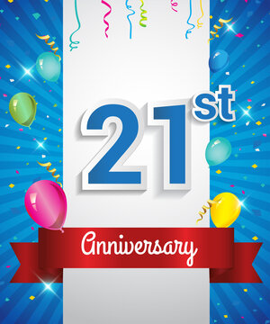 Celebrating 21st Anniversary logo, with confetti and balloons, red ribbon, Colorful Vector design template elements for your invitation card, flyer, banner and poster.