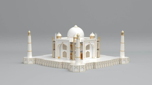 White and gold rotating taj mahal or mumtaz mahal marble monument seamless looping animated background, indian famous travel landmark and mosque minaret love symbol 1080p video