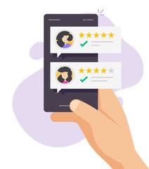 Customer reviews online testimonials and feedback on mobile phone smartphone person had vector flat design, happy client man evaluation asses comment messages with good rating five stars