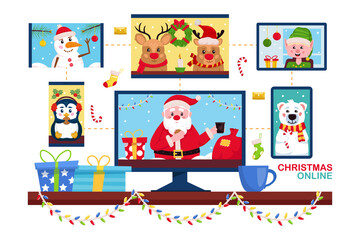 Christmas online. Santa Claus using video conference service for collective holiday virtual celebration, party online with friends from home. New normal Christmas celebration. Vector illustration.