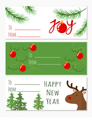Set of tags for a Merry Christmas. label for a holiday gift. Tags in green tones with spruce mattes and deer. Joy lettering concept with new year red ball. Vector image for winter holidays.