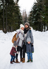 Fototapeta na wymiar Father and mother with two small children in winter nature, standing in the snow.