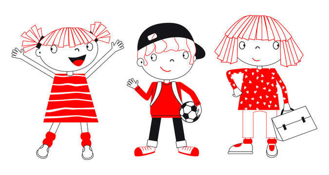 Cute cartoon school children characters in monochrome white, black and red colors. Happy kids standing, smiling and waving. Flat line art style. Happy childhood concept. Vector illustration.